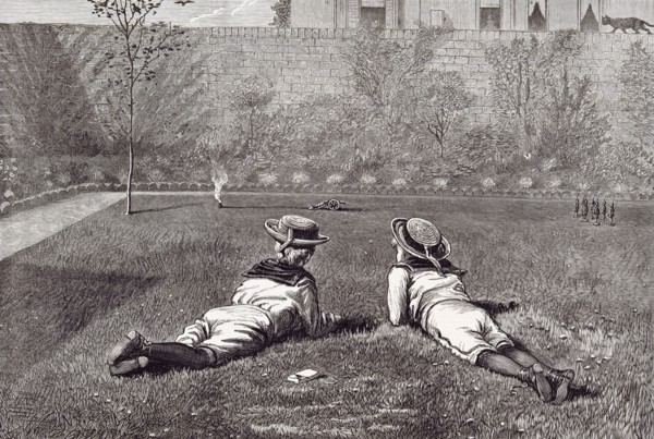 Our boys by Walter Severn, 1877, garden; wall, grass; hat; tin soldiers; tin gun; cat; scrubs;