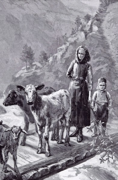 Norway, the Family cows by Sydney P. Hall, 1891, wooden bridge; mother; son; rural; farm; country