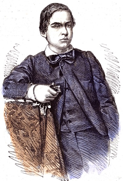 Ricciotti, youngest son of Garibaldi, 1860, Boy; chair; dress; butterfly; serious; standing; next
