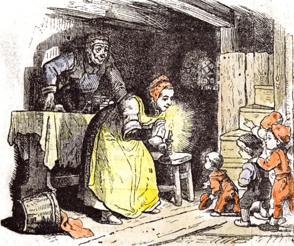 Telling a fairy tale, children, 1855, children, story; grandmother; at home; excitment; to bed;