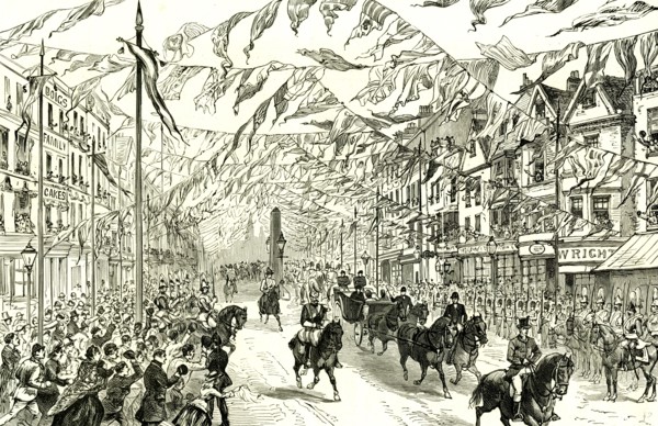 Whitechapel, London, U.K., 1887, Royal procession in High street, East London, horses, people,