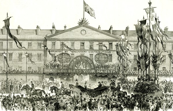 Whitechapel, London, U.K., 1887, the Royal procession passing the London hospital, may god bless