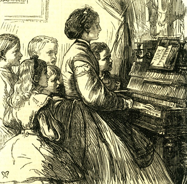 Mama at the piano; U.S.A.; teaching little songs; to little ones who are to sing them; 1866; United