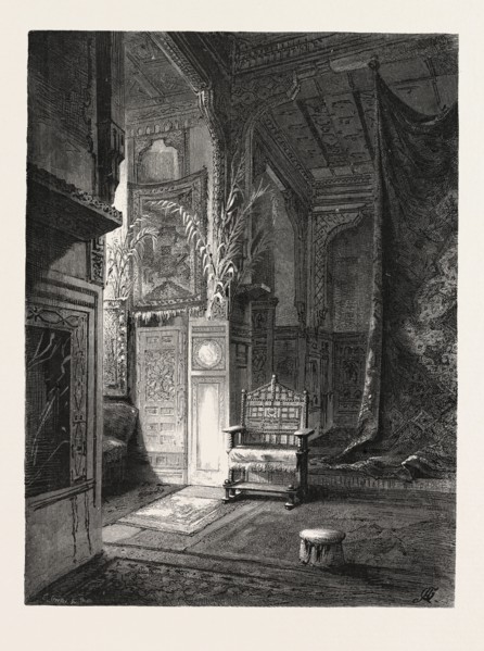 CHAMBER IN THE MUSAFFIR KHANA IN WHICH THE EX-KHEDIVE ISMAIL WAS BORN.
 Egypt, engraving 1879