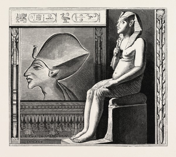 PORTRAIT STATUE AND RELIEF OF THE FANATICAL KING AMENOPHIS IV.  Egypt, engraving 1879
