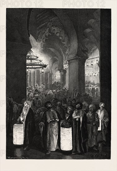 A NIGHT OF THE RAMADAN, THE HOUR OF PRAYER.  Egypt, engraving 1879