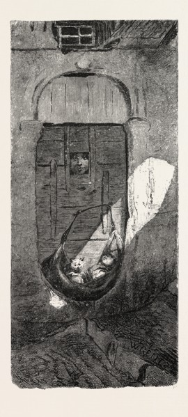 FELLAH BABY AND ITS WATCHER. Egypt, engraving 1879