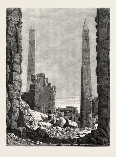 THE OBELISKS IN THE OLDEST PART OF KARNAK. Egypt, engraving 1879