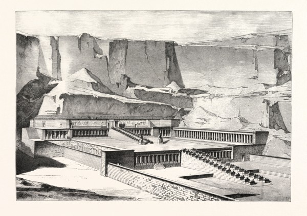 TEMPLE OF DEYR-EL-BAHREE, IMAGINARY RESTORATION, BY E. BRUNE. Egypt, engraving 1879