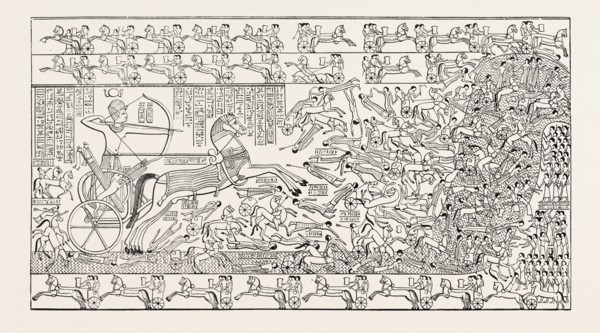 A BATTLE, FROM THE RAMESSEUM. Egypt, engraving 1879