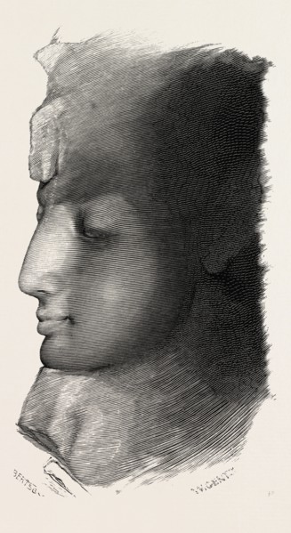 HEAD OF QUEEN NEFERTARI, FROM ABOO LIMBEL. Egypt, engraving 1879