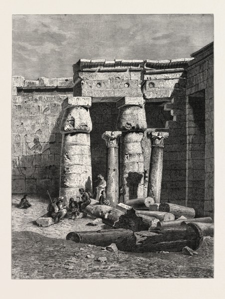 COURT WITH REMAINS OF A CHRISTIAN CHURCH AT MEDINET HABOO. Egypt, engraving 1879