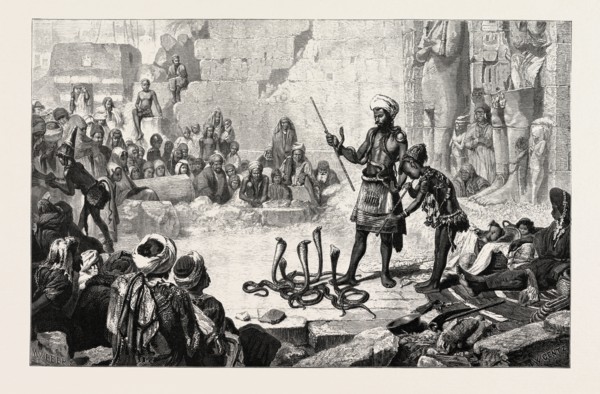 Snake charmer in the court of Medinet Haboo. Egypt, engraving 1879