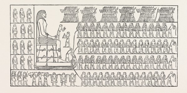 TRANSPORT OF A COLOSSUS, FROM A TOMB AT EL BERSHEH. Egypt, engraving 1879