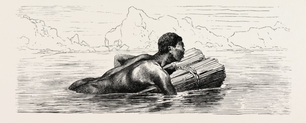NUBIAN SWIMMING ON A BUNDLE OF REEDS. Egypt, engraving 1879