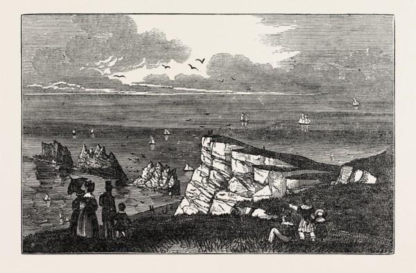 THE NEEDLES, AS SEEN FROM THE CLIFFS, a row of three distinctive stacks of chalk that rise out of