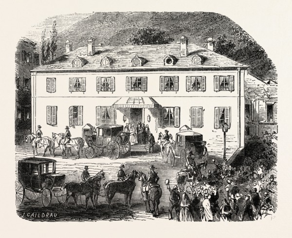 Arrival of the Empress at Government House. Eaux-Bonnes, Pyrenees-Atlantiques, France. engraving