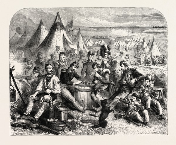 Recreations in the camp in Crimea. The Crimean War, 1855, Engraving