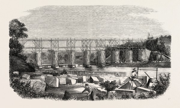 Construction of the viaduct of Mayenne, in Laval (railroad west), France. engraving 1855