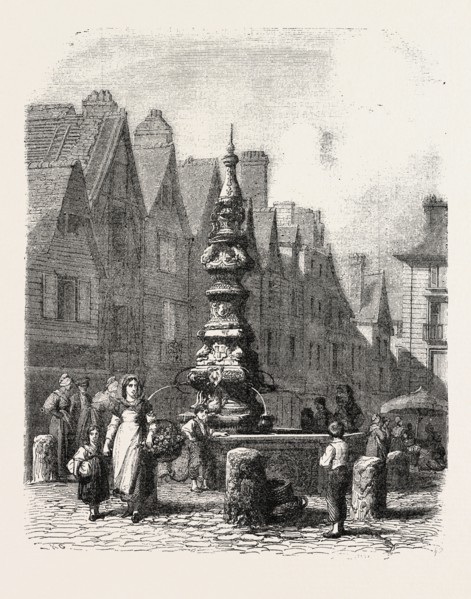 Fountain on the  grand marché in Tours, France. engraving 1855