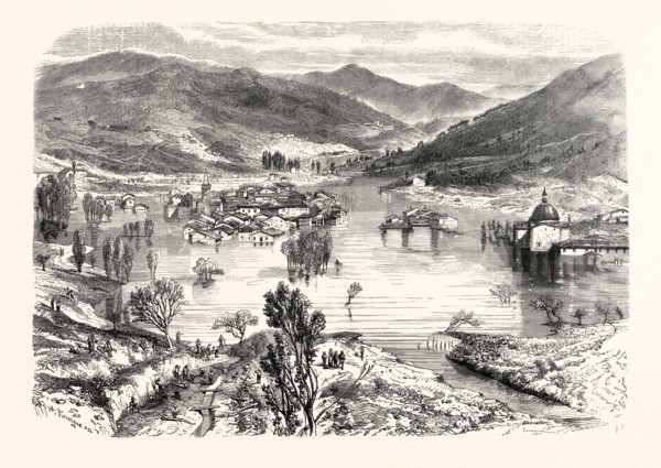 Flooding of the city of San Stefano in Tuscany, Italy. engraving 1855