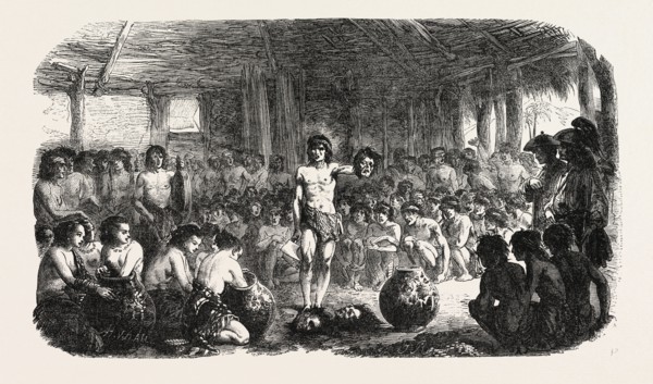 Headhunters festival in Abra among the Tinguianes, Philipinnes. engraving 1855