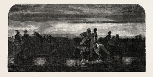 Asian Turkish Cavalry crossing a ford, painting by M. Decamps. engraving 1855