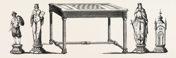 Table and main parts of a chess game, executed in ebony, bronze, gold and silver. engraving 1855