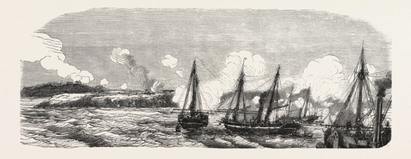 The bombardments in the Bay of Straliska. The Crimean War, 1855. Engraving