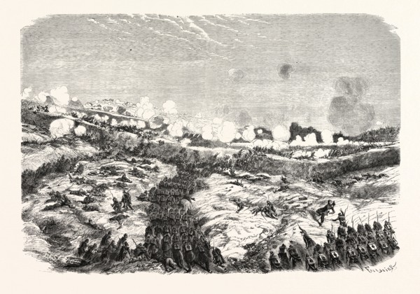 Attack of the Courtine by the devision of the Motterouge. The Crimean War, 1855. Engraving