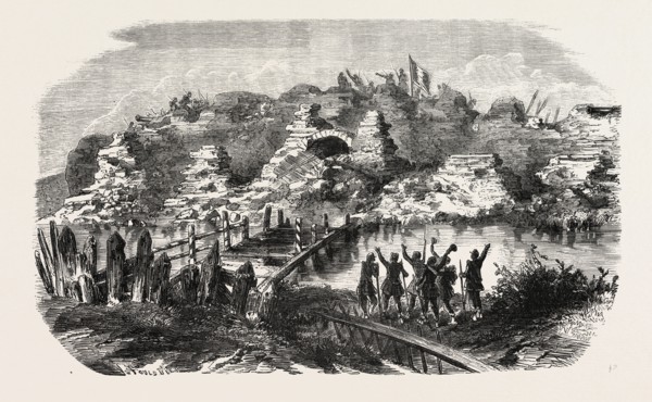 Aspect SE front Kinburn fortifications after the bombardment. The Crimean War, 1855. Engraving