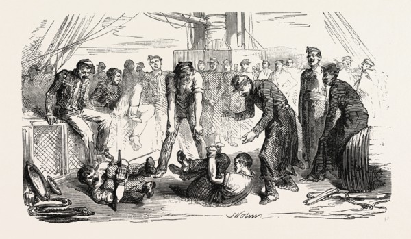 The Army of the Orient: The cockfight., 1855. Engraving