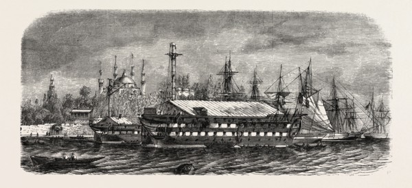 Pontoons, barrack for Russian prisoners injured in the port of Constantinople (Istanbul), 1855.