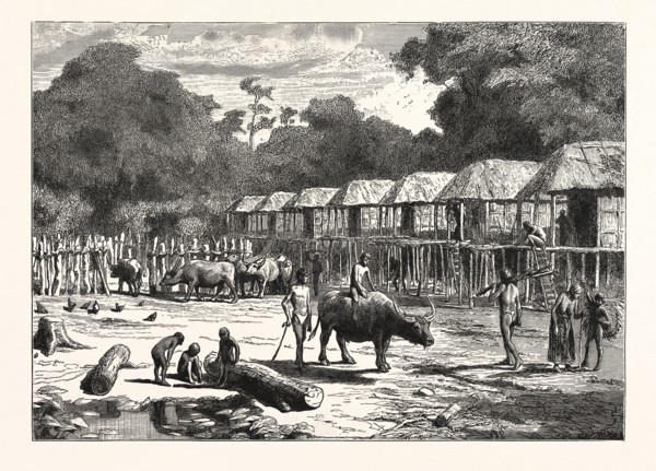SCENE IN A VILLAGE IN THE LAOS COUNTRY