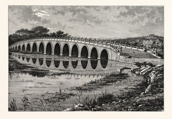THE MARBLE BRIDGE OF SEVENTEEN ARCHES LEADING TO THE ISLAND IN THE LAKE OF ONANE-CHEON-CHANE, CHINA