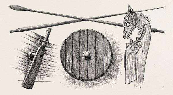 THE VIKING'S SHIP: THE RUDDER, OARS, A SHIELD AND ONE OF THE TILT-HEADS