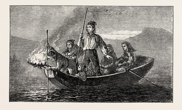 SALMON SPEARING BY NIGHT, From a painting by Tidemand. Adolph Tidemand (1814â€ì1876) was a noted