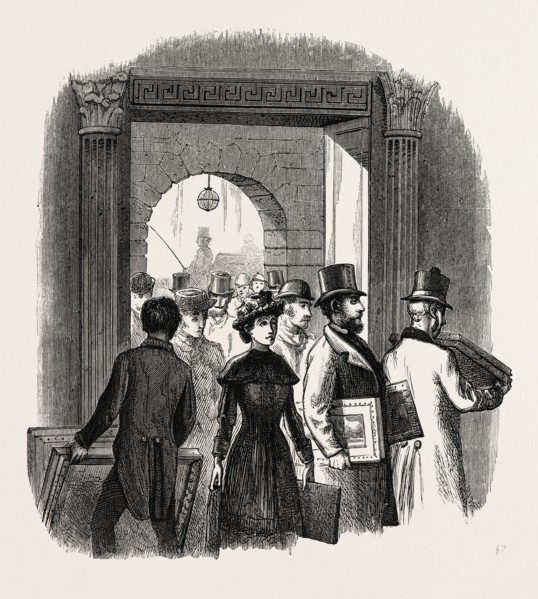 THE ROYAL ACADEMY: The Entrance from the Quadrangle of Burlington House: Taking In in the Hall. UK,