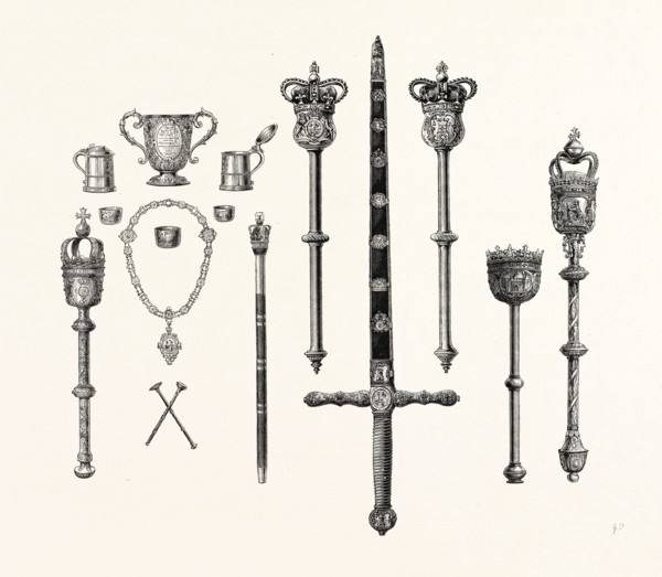 CORPORATION PLATE AND INSIGNIA, SCARBOROUGH. MACES AND SWORD, WORCESTER. MACES, WARWICK. UK,