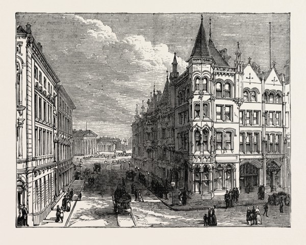 STREET VIEW LOOKING TOWARDS RAILWAY STATION, HUDDERSFIELD, UK, 1883