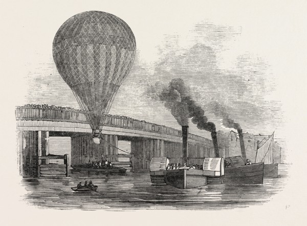 THE NASSAU BALLOON PASSING BATTERSEA BRIDGE, ON ITS PASSAGE UP THE THAMES, UK, 1846