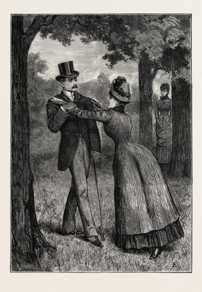 ADRIAN VIDAL, DRAWN BY F. BARNARD. "Kiss me, Adrian," she whispered. "Kiss me once! for the sake of