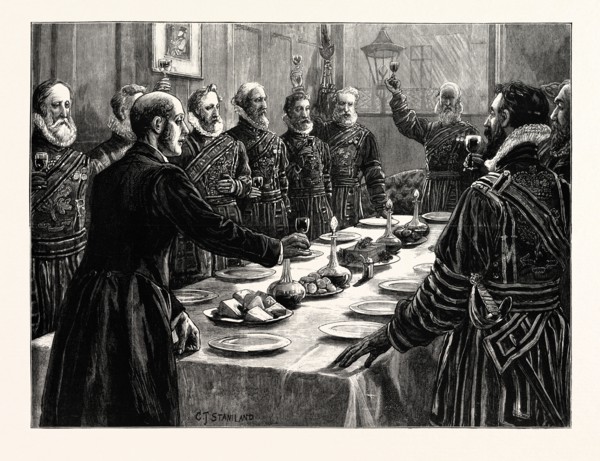 THE OPENING OF PARLIAMENT: YEOMEN OF HER MAJESTY'S BODYGUARD DRINKING THE QUEEN'S HEALTH AFTER