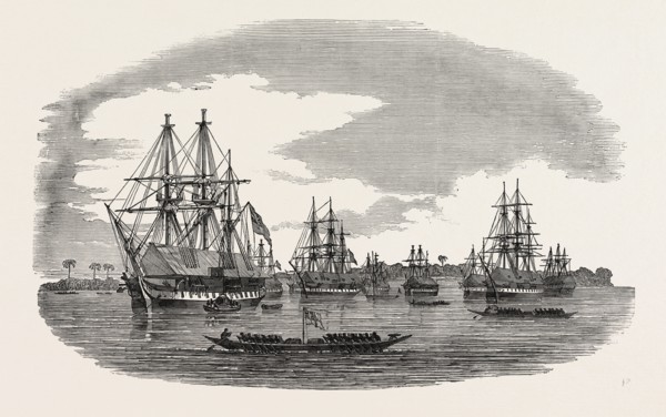 THE WESTERN COAST OF AFRICA: THE ANCHORAGE OFF THE TOWN OF BONNY RIVER, 1850