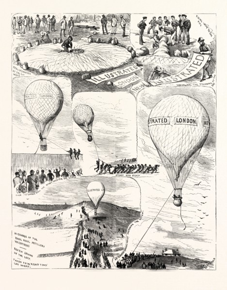 THE BRIGHTON REVIEW: PREPARING TO ASCEND IN A BALLOON TO VIEW THE BATTLE, UK, 1883