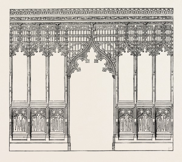 GOTHIC SCREEN. BY BINGHAM, IPSWICH. DESIGNED BY MR. T. CLARKE. 1851