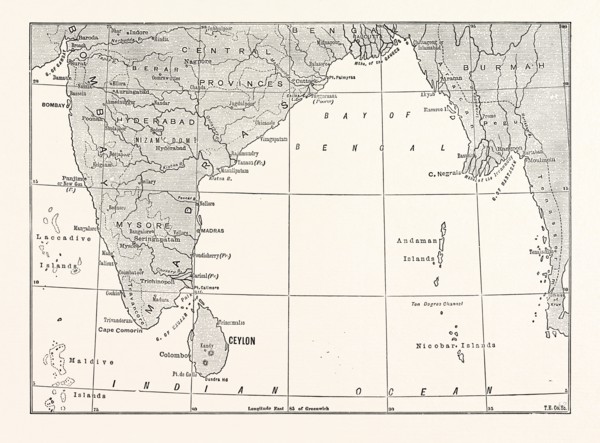MAP OF LOWER INDIA AND CEYLON, SRI LANKA