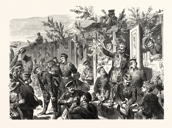 Franco-Prussian War: German troops on their way to France. Stopping at a railway station near the