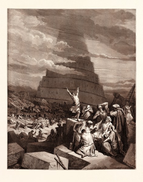THE CONFUSION OF TONGUES, BY Gustave Doré.  Dore, 1832 - 1883, French. Engraving for the Bible.