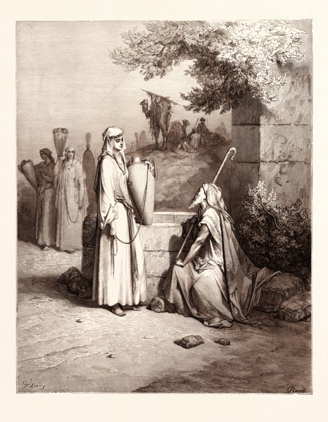 ELIEZER AND REBEKAH, BY Gustave Doré. Dore, 1832 - 1883, French. Engraving for the Bible. 1870,